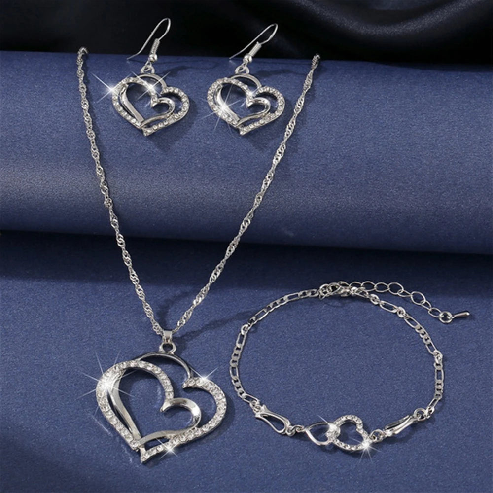 Exquisite Double Heart  Earrings Bracelet Jewelry Set Charm Ladies Jewelry