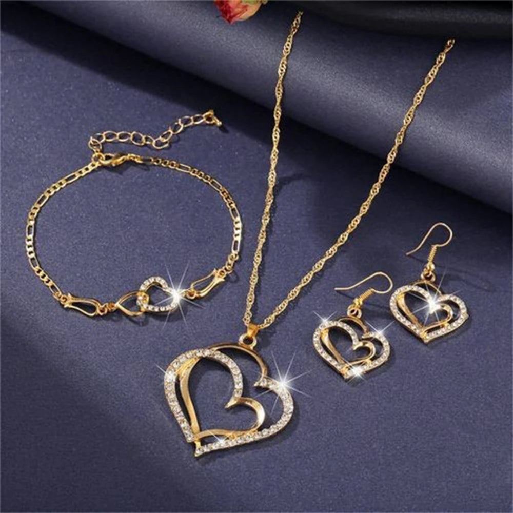 Exquisite Double Heart  Earrings Bracelet Jewelry Set Charm Ladies Jewelry