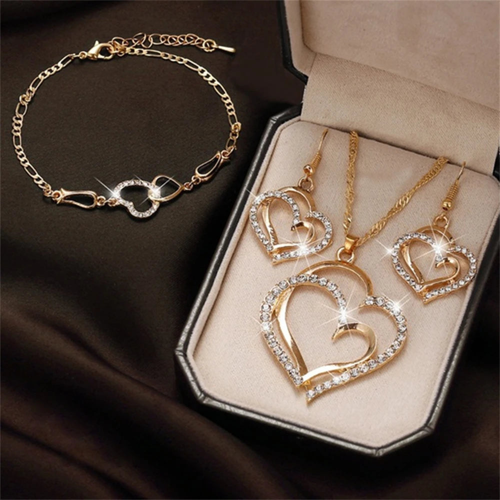 Exquisite Double Heart  Earrings Bracelet Jewelry Set Charm Ladies Jewelry