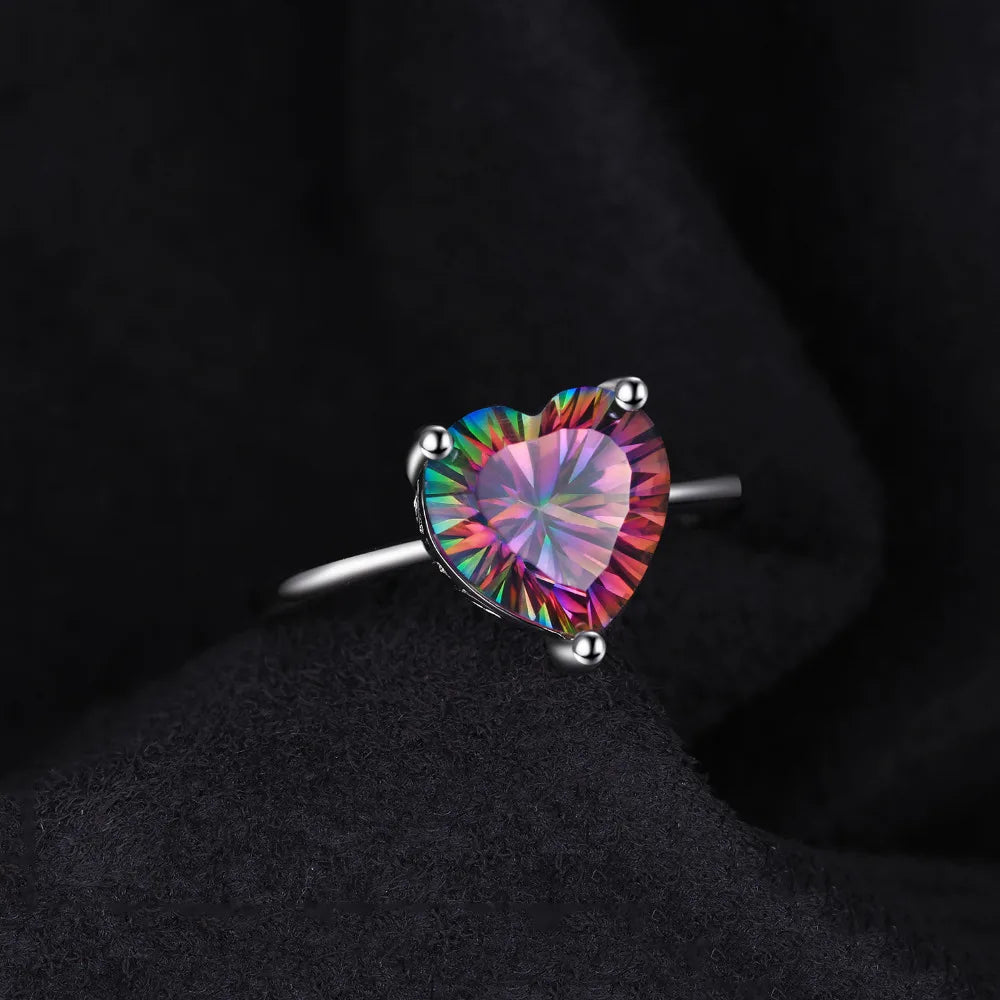 Jewelry Heart Natural Rainbow Mystic  Silver Rings Women Fashion Colorful Gemstone Jewelry