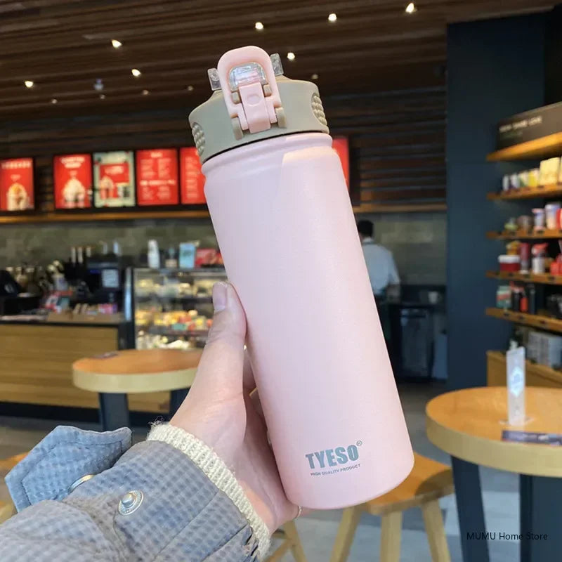 Tyeso 600/750ML Thermos Bottle With Straw Stainless Steel Car Thermal Cup Sports Water Bottles Keeps Cold and Heat Thermal Mug