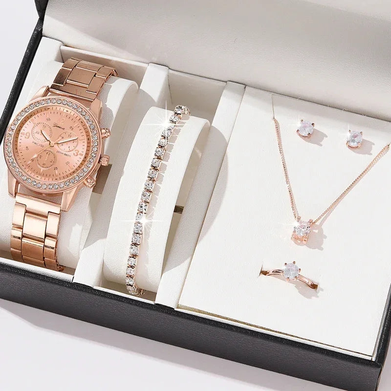 6PCS Set  Watch Women Ring Earrings Rhinestone Wristwatch Female Casual Ladies Watches Bracelet