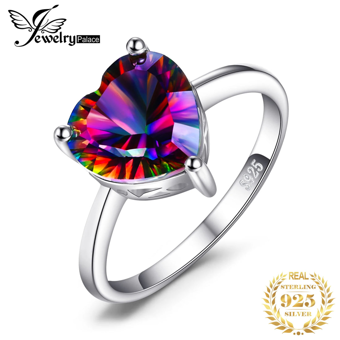 Jewelry Heart Natural Rainbow Mystic  Silver Rings Women Fashion Colorful Gemstone Jewelry