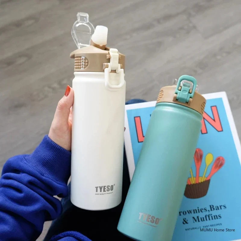 Tyeso 600/750ML Thermos Bottle With Straw Stainless Steel Car Thermal Cup Sports Water Bottles Keeps Cold and Heat Thermal Mug