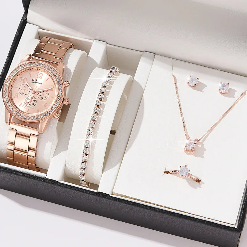 6PCS Set  Watch Women Ring Earrings Rhinestone Wristwatch Female Casual Ladies Watches Bracelet