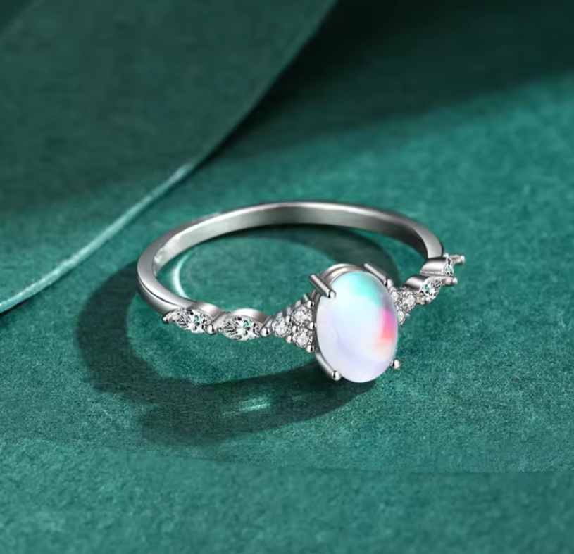 Silver Minimalist Oval Moonstone Ring Thin Women Engagement Female