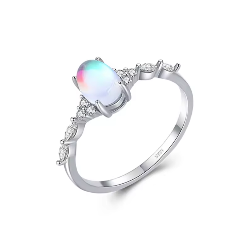 Silver Minimalist Oval Moonstone Ring Thin Women Engagement Female