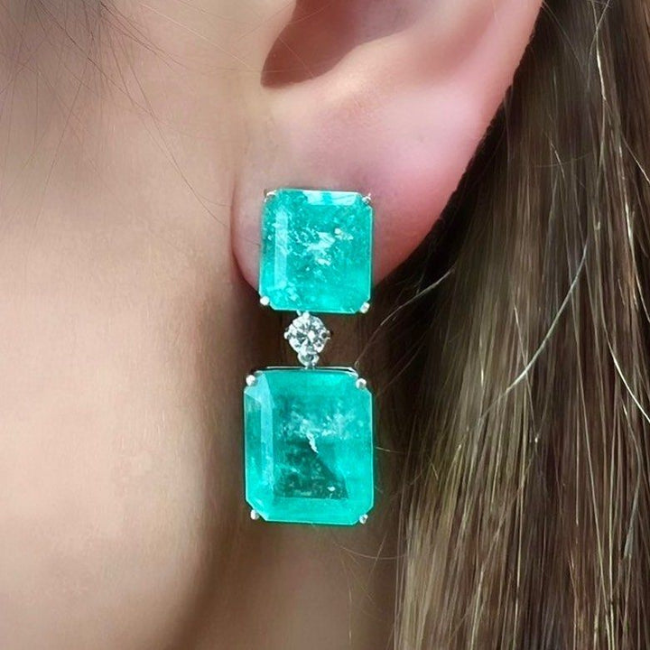 Emerald Cut Emerald Sapphire Drop Earrings For Women