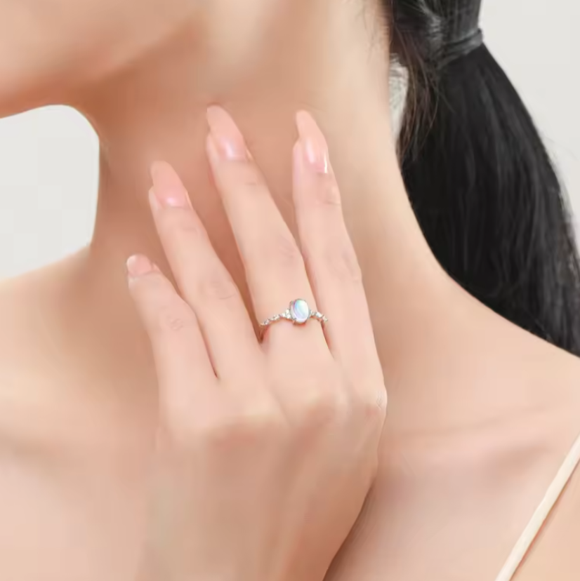 Silver Minimalist Oval Moonstone Ring Thin Women Engagement Female